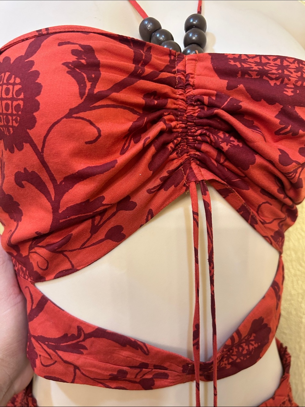 Anthropologie Rust Floral Cutout Bandeau Skirt Set - Picture 6 of 8
